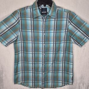 Prana Men's Teal and Brown Plaid Button Down Shirt Size XS